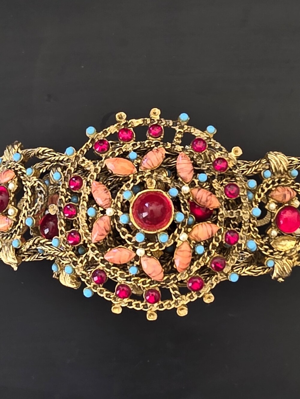 Gold Tone Rope Filigree Chain Belt Faux Pearl Turquoise Coral Red Bead Cabochon